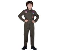 Smiffys Top Gun Costume, Kids Khaki Jumpsuit, Official Top Gun License Outfit wi