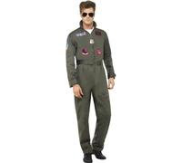 Smiffys Top Gun Deluxe Men's Costume, Top Gun Full Costume Adult Green Jumpsuit, Dog Tags & Sunglasses, Official License Outfit, Official Top Gun