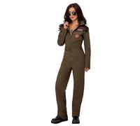 Smiffys Top Gun Ladies Costume, Adults Khaki Jumpsuit, Official Top Gun License Outfit with Applique Iconic Badges, Gathered Back for Comfort & Fit, Official Top Gun Halloween Fancy Dress