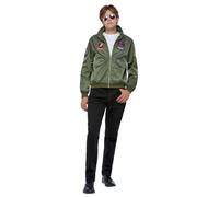 Smiffys Top Gun Maverick Bomber Jacket, Adults Green Jacket with Applique Badges, Official License Outfit, Faux Leather, Official Top Gun Halloween Fancy Dress