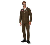 Smiffys Top Gun Maverick Men's Aviator Costume, Adults Green Jumpsuit & Changeable Name Badges, Official License Outfit with Zip Detail on Front, Badges & Zip, Official Top Gun Halloween Fancy Dress