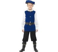 Smiffys Tudor Boy Costume, Royal Blue Top, Trousers with Boot Covers, Belt and Hat, Boys Fancy Dress, Child Dress Up Costumes