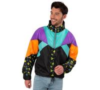 Smiffys Unisex 80s Windbreaker Jacket, Retro Black Zip-Up with Neon Colour Block Panels and Geometric Print, Fancy Dress Outfit for Festivals, Parties and Themed Events Small, World Book Day