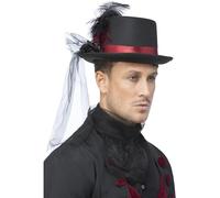 Vampire Top Hat with Veil & Feathers Mens Halloween Vampires Fancy Dress Hat