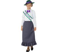 Smiffys Victorian Suffragette Costume, Grey with Skirt, Attached Blouse, Sash