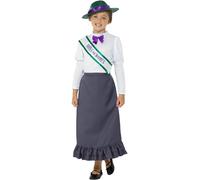 Smiffys Victorian Suffragette Costume, Grey with Skirt, Attached Blouse, Sash & Hat, Girls Fancy Dress, Child Dress Up Costumes