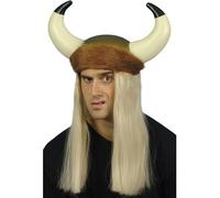 Smiffys Viking Helmet, Brown with Horns, Long Blonde Hair and Fur Trim, Historical Fancy Dress, Adult Dress Up Hats