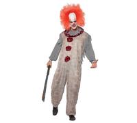 Smiffys Vintage Clown Costume, Grey & Red with Jumpsuit & Neck Ruffle, Halloween Cirque Sinister Fancy Dress, Clown Dress Up Costumes