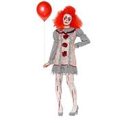 Smiffys Vintage Clown Lady Costume, Grey & Red with Dress & Neck Ruffle, Halloween Cirque Sinister Fancy Dress, Clown Dress Up Costumes