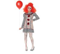 Smiffys Vintage Clown Lady Costume, Grey & Red with Dress & Neck Ruffle, Halloween Cirque Sinister Fancy Dress, Clown Dress Up Costumes