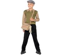 Smiffys Evacuee Boy Kit, Green with Jumper, Attached Mock Shirt, Hat, Bag and Tag, Boys Fancy Dress, 1940s Dress Up Costumes