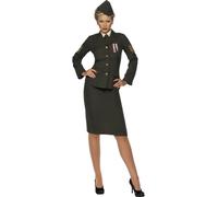 Smiffys Wartime Officer Costume, Green Skirt, Jacket with Medal, Shirt Front, Tie, Hat, Land, Sea and Air Forces Fancy Dress, Army Dress Up Costumes