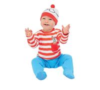 Smiffys Where's Wally Baby Costume, Baby Red & White All-In-One with Printed Hat, Official License Outfit with Bobble Hat & Glasses Detail, Perfect for Themed Parties or World Book Day or Halloween