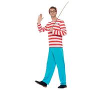 Smiffys Where's Wally Costume, Adults Red & White Top, Trousers, Hat & Glasses, Official License Outfit with Elasticated Trouser Waist, Perfect for Themed Parties or World Book Day or Halloween