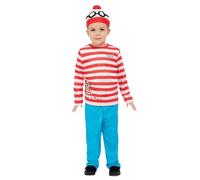 Smiffys Where's Wally Costume, Toddler Costume Red & White Hat, Top & Trousers, Official License Outfit with Bobble Hat & Printed Woof Dog Detail, Perfect for World Book Day or Halloween