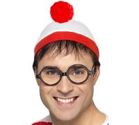 Smiffys Where's Wally Instant Kit, Adults Red & White Hat & Glasses, Official License Kit with Classic Hat & Signature Glasses, Perfect for a Themed Parties or World Book Day or Halloween