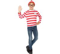 Smiffys Where's Wally Instant Kit, Childrens Red & White Top, Hat & Glasses, Official License Kit with Iconic Logo, Perfect for Themed Parties or World Book Day or Halloween