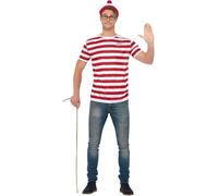 Smiffys Where's Wally Kit, Adults Red & White Hat, Knitted Scarf & Glasses, Official License Set with Tassel Detail Scarf, Perfect for a Themed Parties or World Book Day or Halloween