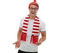 Smiffys Where's Wally? Kit, Red & White with Hat, Knitted Scarf & Glasses, Officially Licensed Where's Wally Fancy Dress, Adult Dress Up Accessories