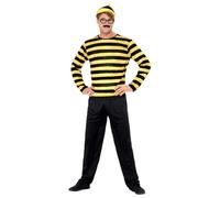 Smiffys Where's Wally? Odlaw Costume, Black & Yellow with Top, Trousers, Hat, Moustache & Glasses, Officially Licensed Where's Wally Fancy Dress, Adult Wheres Wally Dress Up Costumes