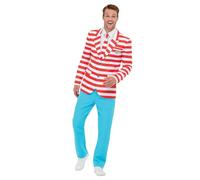 Smiffys Where's Wally Suit, Adults Red & White Jacket, Trousers & Tie, Iconic Stripe Suit for a Unique Look with Button & Zip-Up Trousers, Perfect for a Themed Parties or World Book Day or Halloween