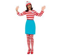 Smiffys Where's Wally Wenda Costume, Adults Red & White Top, Skirt, Hat, Tights & Glasses, Iconic Bobble Hat & Elasticated Skirt, Perfect for a Themed