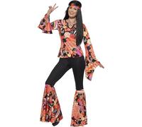 Smiffys Willow the Hippie Costume, Multi-Coloured with Top, Trousers, Headscarf & Medallion, 1960's Groovy Fancy Dress, Adult Dress Up Costumes