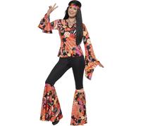 Smiffys Willow the Hippie Costume, Multi-Coloured with Top, Trousers, Headscarf & Medallion, 1960's Groovy Fancy Dress, Adult Dress Up Costumes, XL -