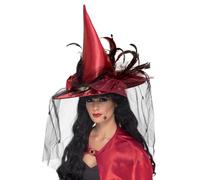 Smiffys Witch Hat, Deep Red with Net & Feathers, Deluxe, Halloween Fancy Dress Accessory, Witch Dress Up Hats