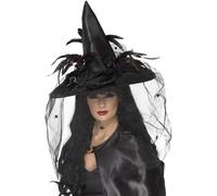 Smiffys Witch Hat, Feathers & Netting, Black Deluxe, Halloween Fancy Dress Accessory, Witch Dress Up Hats
