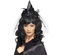 Smiffys Witch Hat Mini, Black on Headband, Halloween Fancy Dress Accessory, Witch Dress Up Hats
