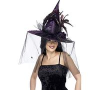 Smiffys Witch Hat, Purple with Feathers & Netting, Deluxe, Halloween Fancy Dress Accessory, Witch Dress Up Hats