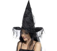 Smiffys Witch's Hat, Black with Netting, Halloween Fancy Dress Accessory, Witch Dress Up Hats