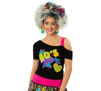 Smiffys Women’s 1980s One Shoulder T-Shirt, Retro Neon Print Black Top with Hot Pink Strap & Hem, Fancy Dress Costume for 80s Party, Festivals, Hen Nights & Themed Events, Medium