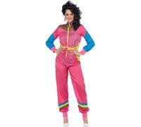 Smiffys Women’s 80s Colour Block Shell Suit Costume, Retro Pink Jumpsuit with Leopard Print and Colour Panels, Includes Bumbag and Earrings, Fancy Dress Outfit for Parties and Festivals Small