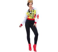 Smiffys Women’s Push It Pop Queen Costume, Retro Bomber Jacket, “Let the Music Play” Print and Matching Patterned Hat, Fancy Dress Outfit for 80s 90s Parties Festivals