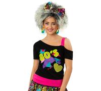 Smiffys Women's 1980s Printed One Shoulder T-Shirt in Black | Size: Small Smiffys Black S