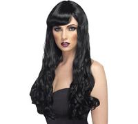 Smiffys Desire Wig, Black Long, Curly with Fringe, Ladies Glamour Wigs Fancy Dress, Adult Dress Up Wigs Halloween