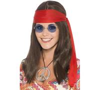 NEW 60s 70s Hippie Instant Kit w/Wig, Glasses, Medalion & Headband Fancy Dress
