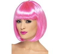 Smiffys Partyrama Wig, 12 inch, Pink Short Bob with Fringe, Ladies Glamour Wigs Fancy Dress, Adult Dress Up Wigs