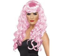Smiffys Siren Wig, Pink Long, Curly with Fringe, Ladies Glamour Wigs Fancy Dress, Adult Dress Up Wigs
