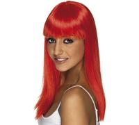 Smiffys Women's Long and Straight Neon Red Wig with Bangs, One Size, Glamourama
