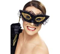 Smiffys women's masquerade eyemask with lace trim and stick black gold