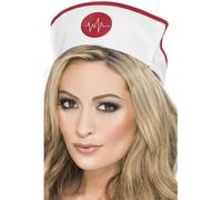 Smiffys Women's Nurse Hat, Classic White with Red Trim and Medical Heartbeat Logo, One Size Fits Most, Adult Fancy Dress Accessory, Suitable for Nurses and Medical Theme Costumes Halloween
