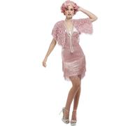 Smiffys Deluxe 20s Vintage Pink Flapper Costume Dress & Stole, 1920's Razzle Fancy Dress, 1920s Dress Up Costumes