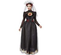 Smiffys Deluxe DOTD Sacred Heart Bride Costume, Black Dress & Veiled Headband, Mexican Day of The Dead/Sugar Fancy Dress, Day of The Dead Lady Dress Up Costumes