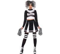 Smiffys Fever Gothic Cheerleader Costume, Black with Crop Top, Skirt & Pom Poms, Fever Fancy Dress, Halloween Dress Up Costumes