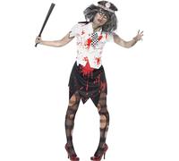 Smiffys Women's Zombie Policewoman Costume, Skirt, Shirt with Tie & Hat, Size: L, Colour: White and Black, 38881