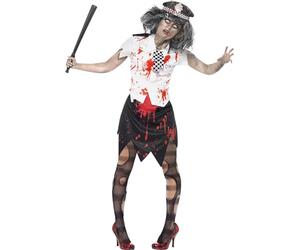 Smiffys Women's Zombie Policewoman Costume, Skirt, Shirt with Tie & Hat, Size: L, Colour: White and Black, 38881