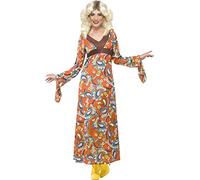 Smiffys Woodstock Maxi Dress, Orange with Long Sleeves and Paisley Print, 1970's Disco Fancy Dress, Adult Dress Up Costumes